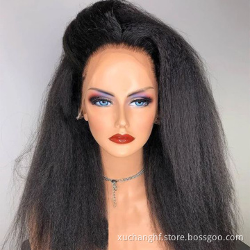 Kinky Straight Full Lace Wig Bleached Knots Human Hair Pre Plucked Yaki Hair Lace Wig with Bangs Transparent Lace Front Wigs
